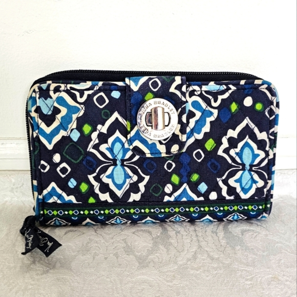 Vera Bradley Ink Blue Turn Lock Wallet- Holds Cards, Cash, Cell phone, C…
